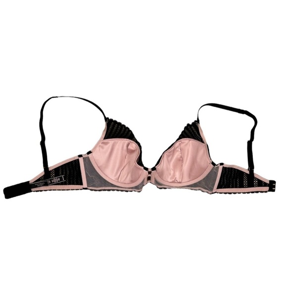 Victoria's Secret Luxe Plunge Bra Black Striped Lace + Pink Satin Underwire 34C - Picture 4 of 11